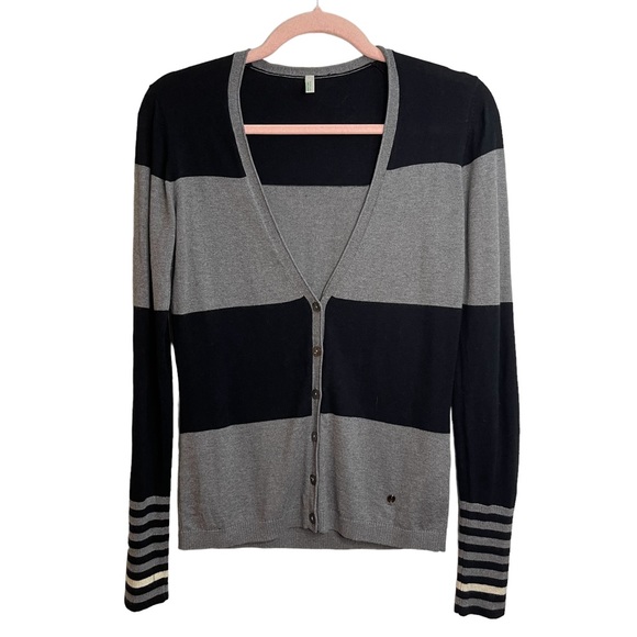 Benetton Silk Cashmere Black and Gray Striped Colorblock Cardigan